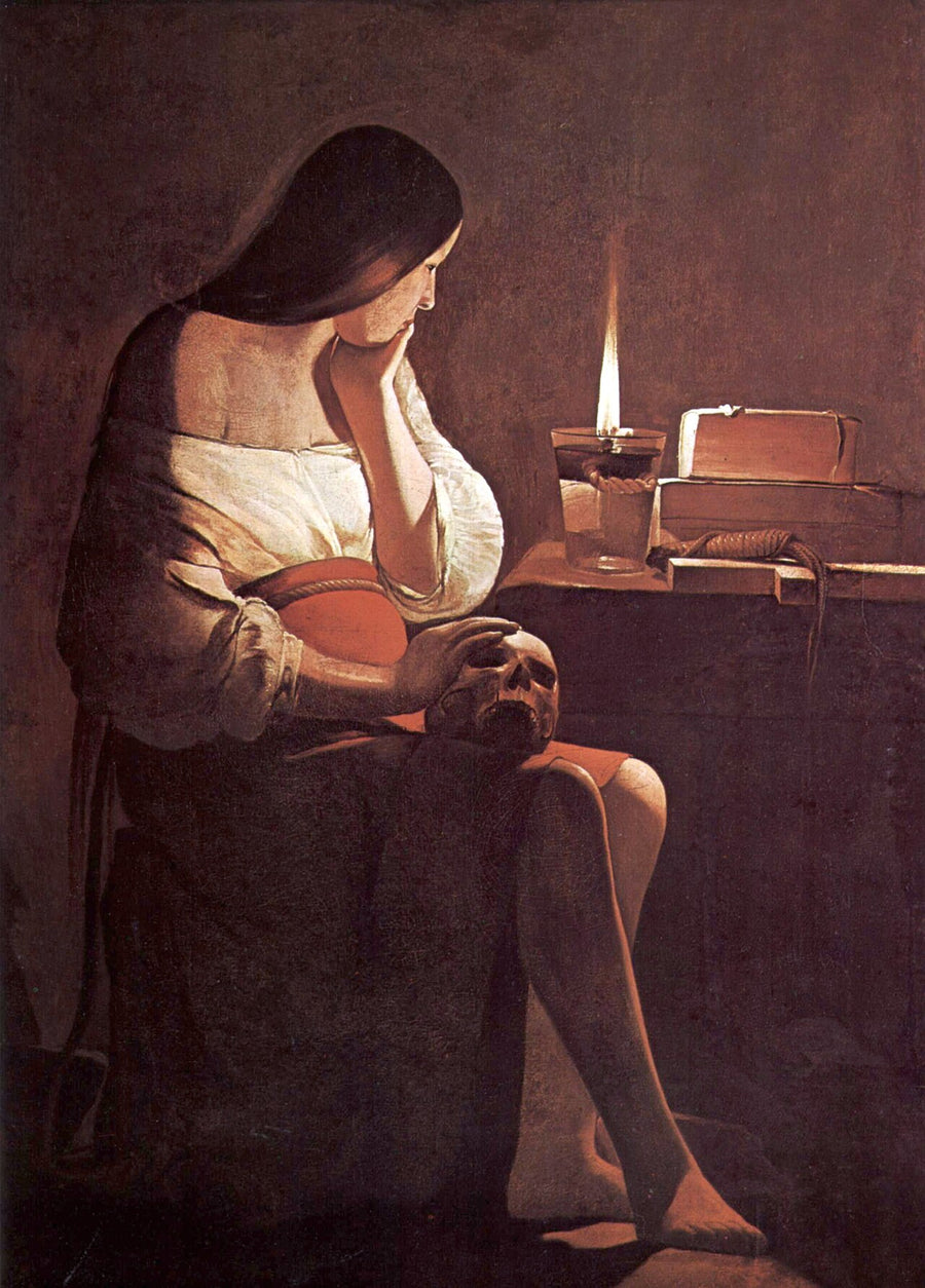 Sainte Marie-Madeleine méditant devant une veilleuse, un crâne sur les genoux, tableau de Georges de La Tour