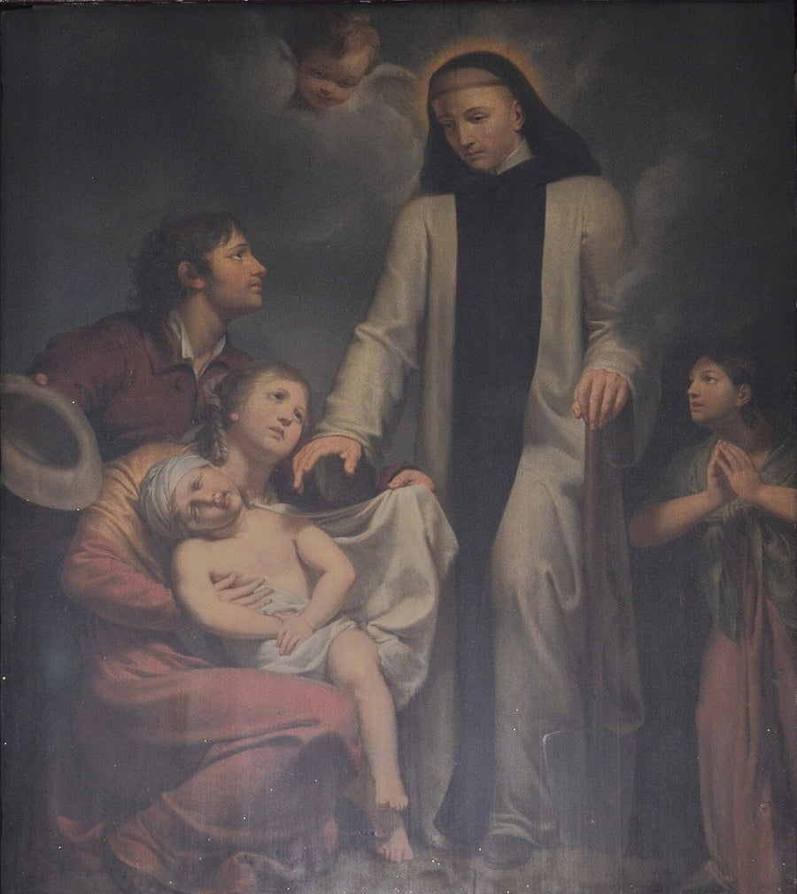 Saint Fiacre guérissant un enfant malade, tableau de Joseph François, chapelle Saint-Fiacre de Charleroi