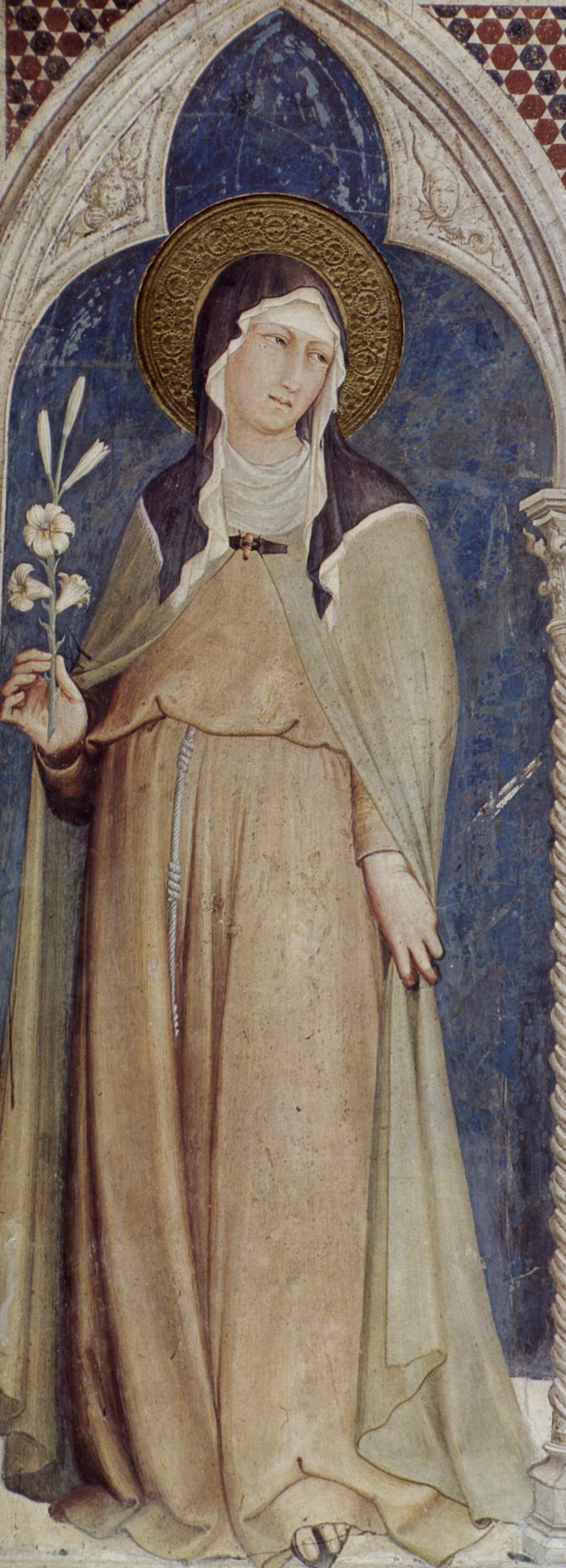 Sainte Claire d'Assise tenant un lys, fresque de Simone Martini dans la basilique Saint-François d'Assise