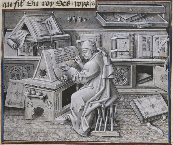 Jean Miélot à son écritoire, enluminure du XVe siècle : l'Église et l'écrit