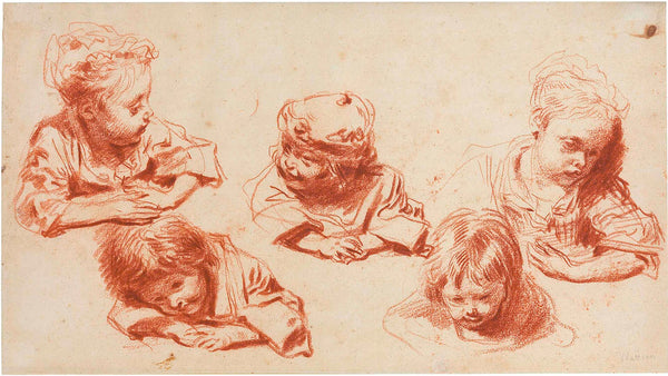 Antoine Watteau, cinq études d'enfants, dessin (domaine public, Wikimedia Commons). Illustration, œuvre non présentée à Amiens.