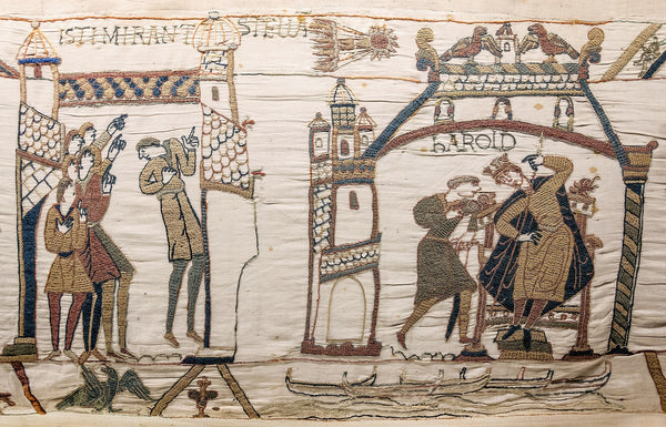 La tapisserie de Bayeux, scènes 32-33 : la comète de Halley et le roi Harold.