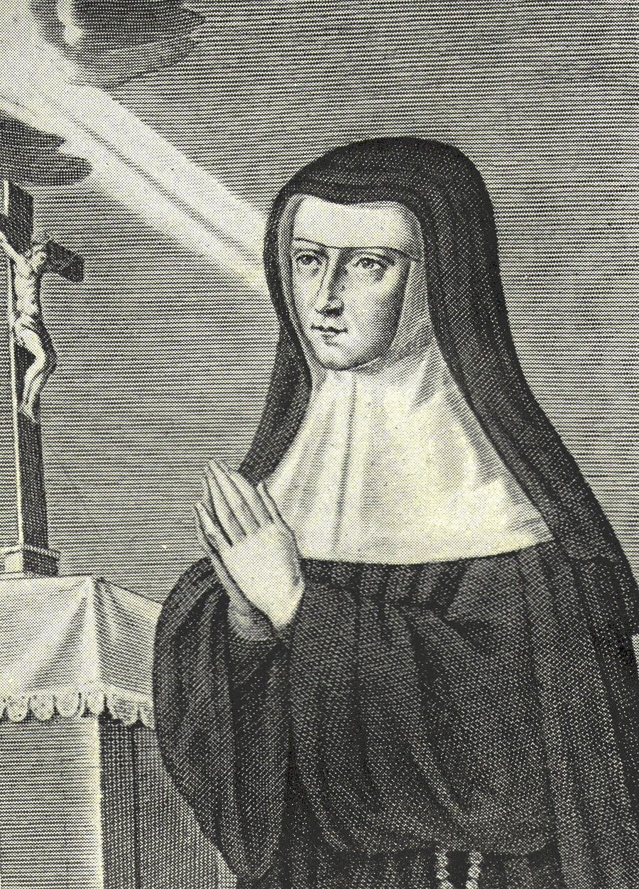 La bienheureuse Alix Le Clerc en prière devant le crucifix, gravure du XVIIe siècle
