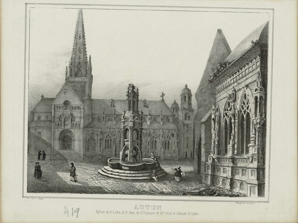 Lithographie XIXe représentant les anciennes églises d'Autun dont Saint-Nazaire