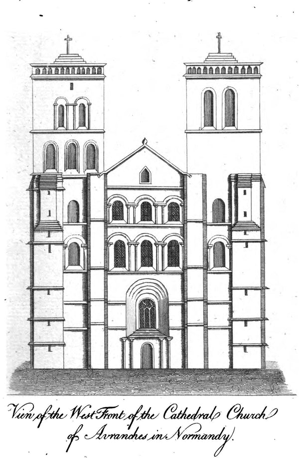 Gravure ancienne de la façade occidentale de la cathédrale Saint-André d'Avranches avant son effondrement.