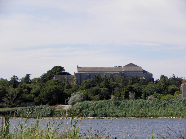 Vue extérieure de la cathédrale-forteresse Saint-Pierre-et-Saint-Paul de Maguelone, presqu'île au milieu des étangs.