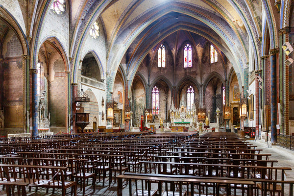 Façade et clocher de 60 mètres de la cathédrale Saint-Maurice de Mirepoix, gothique méridional ariégeois