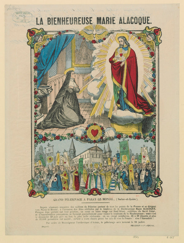 Pèlerinage de Paray-le-Monial — Sacré-Cœur de Jésus et sainte Marguerite-Marie Alacoque — Sujet : Marguerite-Marie Alacoque (1647-1690 ; sainte)
Paray-le-Monial (Saône-et-Loire, France)
Scènes religieuses -- 18 (Public domain, auteur inconnu)
