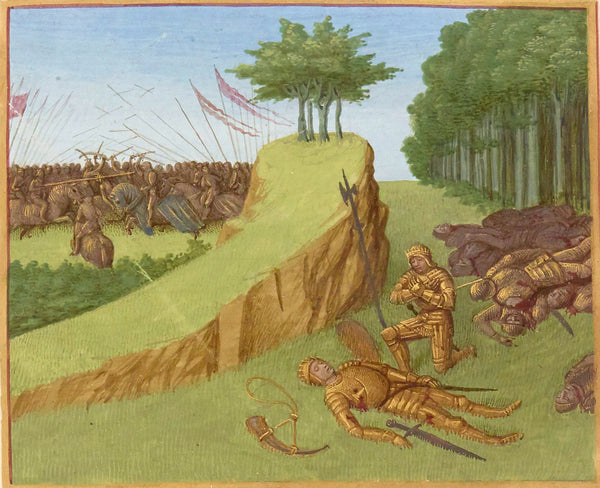 La mort de Roland à Roncevaux, enluminure de Jean Fouquet dans les Grandes Chroniques de France