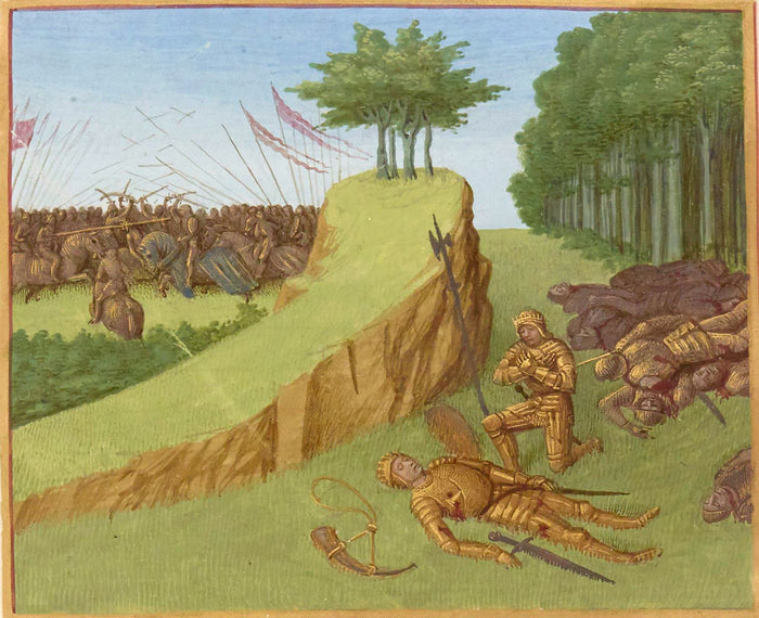 La mort de Roland à Roncevaux, enluminure de Jean Fouquet dans les Grandes Chroniques de France