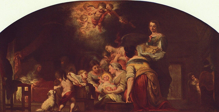 La Naissance de la Vierge Marie entourée d'anges et de servantes, tableau de Murillo au Louvre