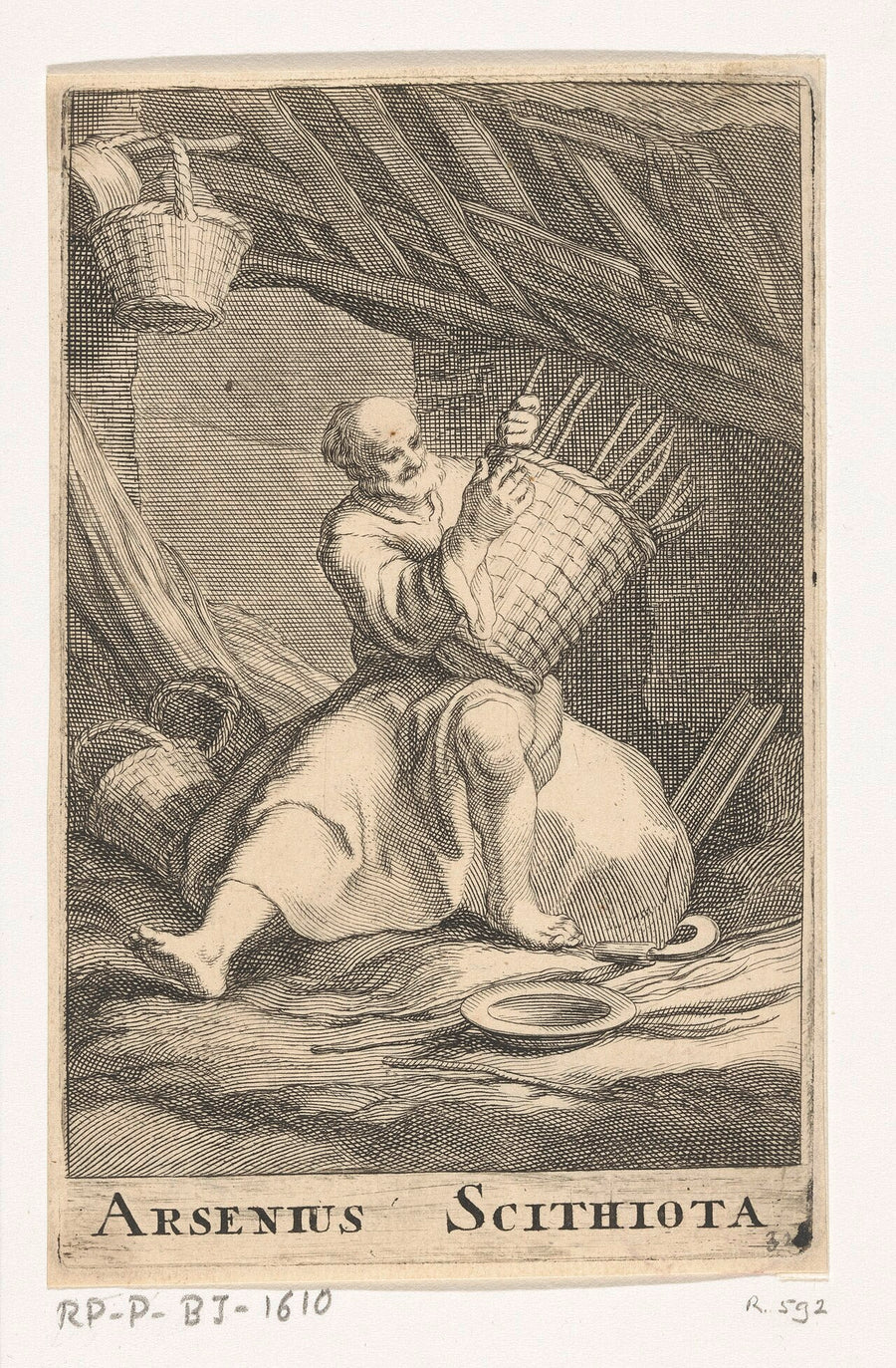 Saint Arsène le Grand tressant des paniers dans son ermitage du désert de Scété, gravure du XVIIe siècle