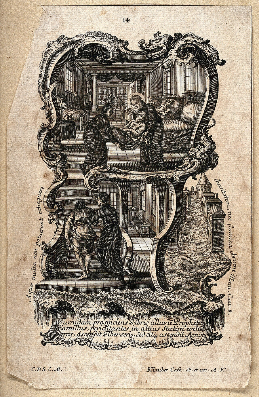 Saint Camille de Lellis portant secours aux malades pendant la crue du Tibre, gravure du XVIIIe siècle