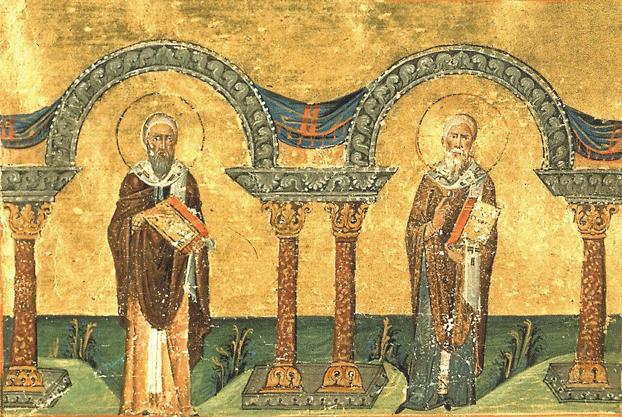 Saint Cyrille d'Alexandrie (à droite, aux côtés de saint Athanase), enluminure byzantine du Ménologe de Basile II, vers 985