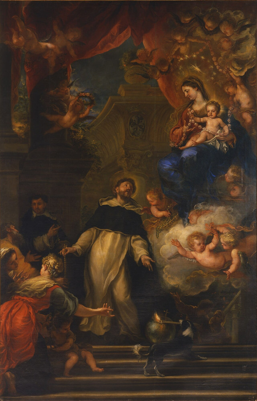 Saint Dominique en habit dominicain recevant le rosaire de la Vierge à l'Enfant, peinture de Claudio Coello, vers 1685