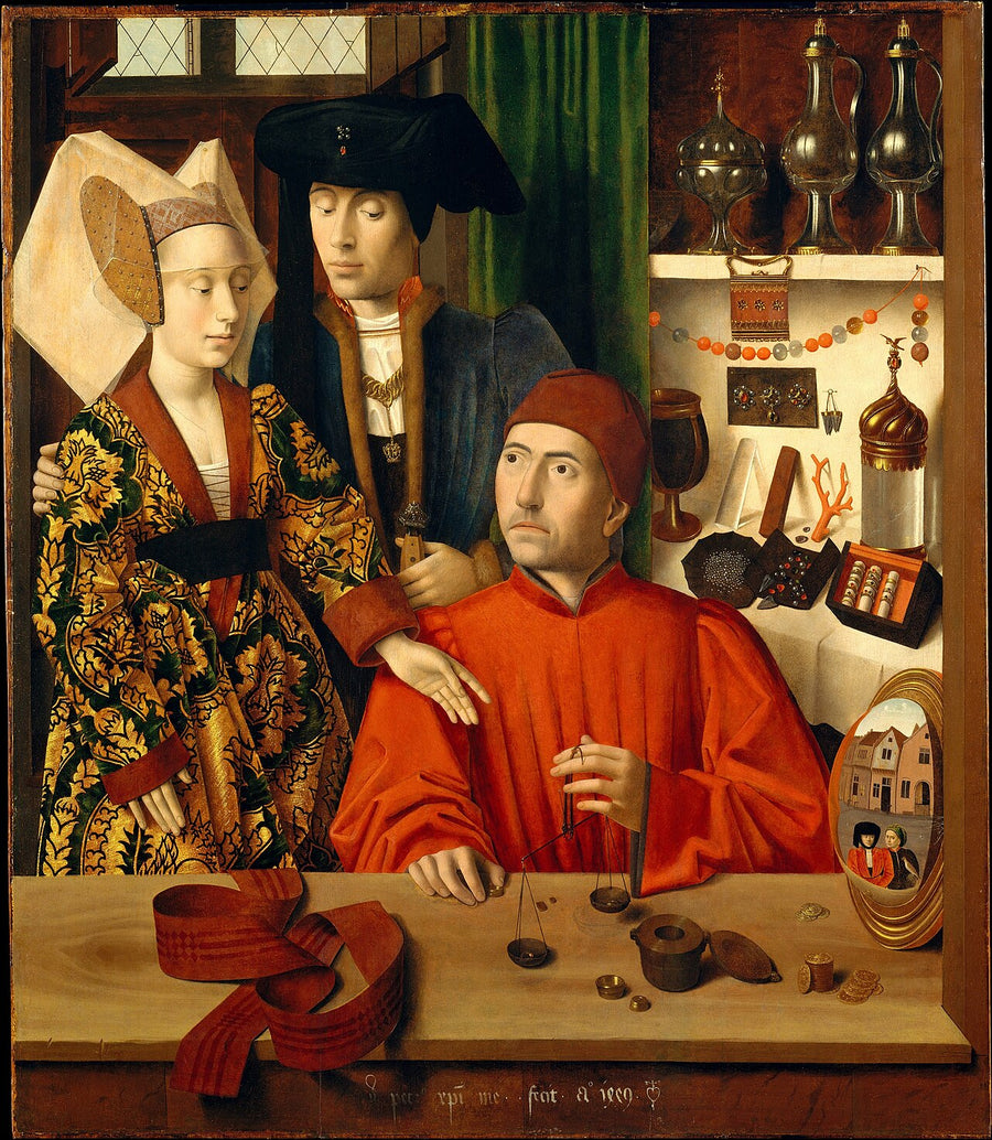 Saint Éloi orfèvre pesant un anneau dans sa boutique, peinture de Petrus Christus, 1449