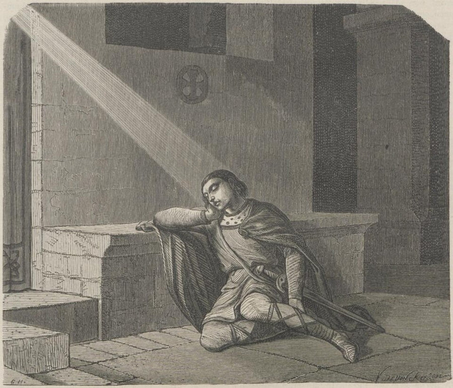 Saint Gérard de Brogne endormi dans la chapelle de Burnot, gravure de Victor de Doncker, XIXe siècle