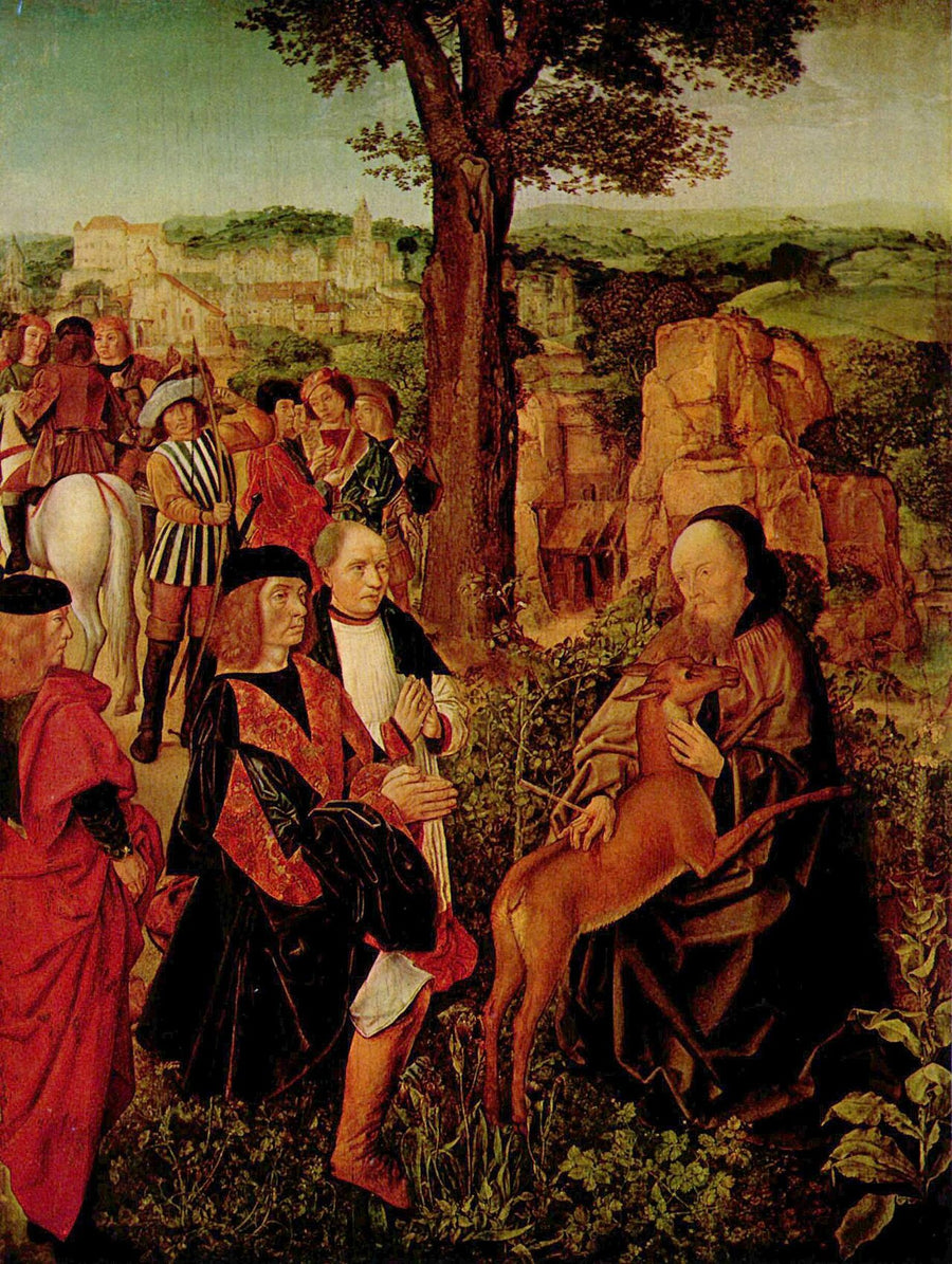 Saint Gilles protégeant la biche blessée par la flèche du chasseur royal, panneau du Maître de Saint Gilles