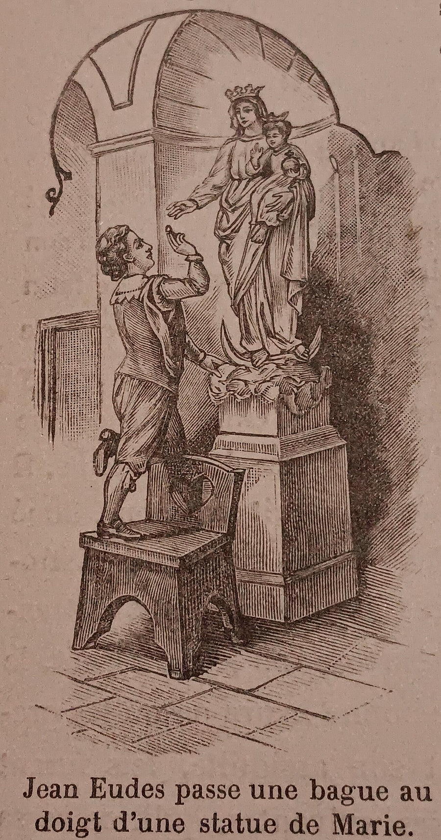 Le jeune saint Jean Eudes passant une bague au doigt d'une statue de la Vierge, gravure populaire de 1909