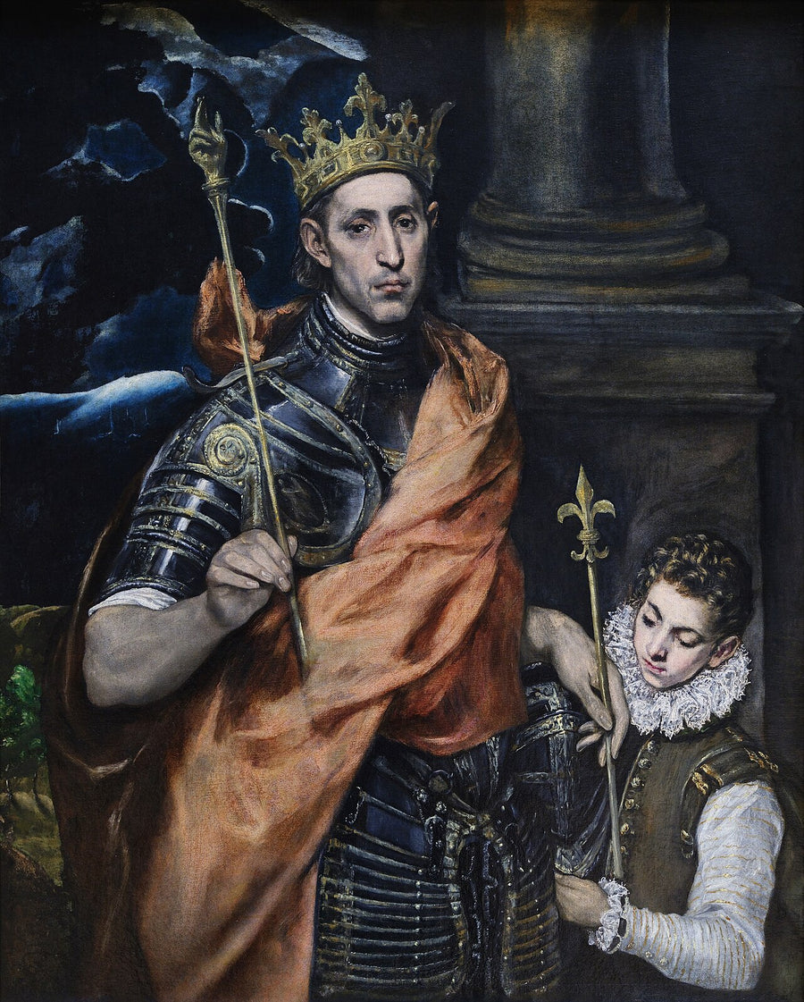 Saint Louis, roi de France, couronné et en armure tenant le sceptre fleurdelisé, peinture du Greco au Louvre, vers 1590