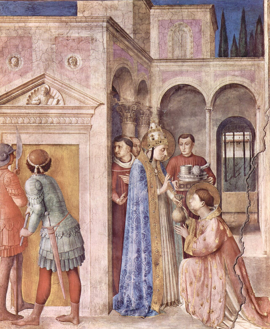 Le pape saint Sixte II remettant les trésors de l'Église au diacre Laurent, fresque de Fra Angelico au Vatican, vers 1448