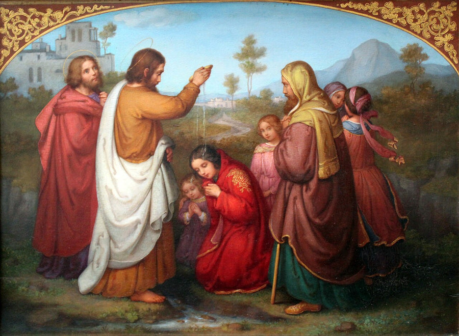 Sainte Lydie agenouillée en manteau rouge recevant le baptême de saint Paul, peinture de Marie Ellenrieder, 1861